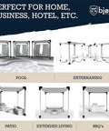 Modular Pergola Kit With Easy DIY Hardware And Elevated Wood Stand No Brainer Setup Powder Coated Steel Brackets In Silver Gray shown in various settings like pool, patio, and BBQ areas.