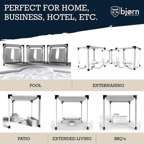 Modular Pergola Kit With Easy DIY Hardware And Elevated Wood Stand No Brainer Setup Powder Coated Steel Brackets In Silver Gray shown in various settings like pool, patio, and BBQ areas.