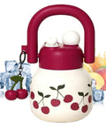 800ml Large Capacity Water Bottle With Handle For Sports And Hiking, cream bottle with cherry design, wide mouth, leakproof lid
