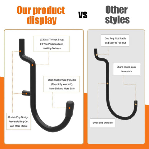 Comparison of hook designs: "Our product display" vs "Other styles" showcasing stability, caps, and edge safety differences.