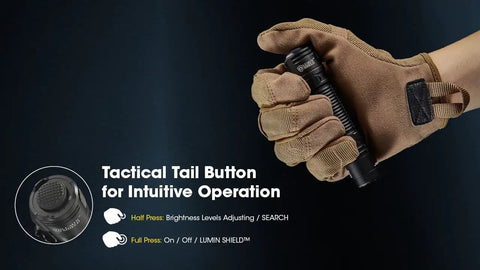 Tactical tail button on 3500 Lumen USB C Rechargeable EDC Flashlight With Clip And Lanyard, worn by gloved hand for intuitive use.