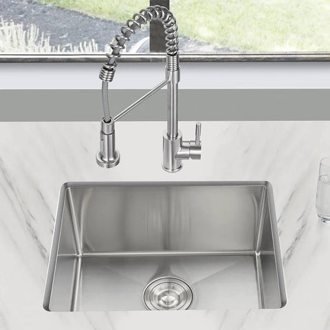 Modern kitchen sink setup with Undermount Kitchen Sink 20 By 16 Inch in 304 Stainless Steel, Single Bowl Bar Sink with faucet.
