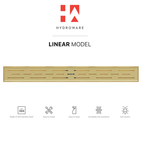 24 Inch Linear Shower Drain In Gold Finish, Slick Stainless Steel Rectangular Floor Drain With Removable Patterned Grate, Hair Strainer, And Threaded Adapter For Modern Shower Floors