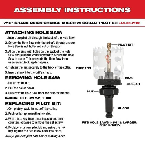 Ice hardened hole saw 1-1/4 in front view; assembly diagram shows pilot bit, shank, collar, nut, and arbor.
