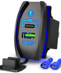 Rocker Switch Style USB Outlet Socket Panel Mount Dual USB Ports 5V 2.1A Each with PD Type-C Fast Charge Replacement or Add-On Charger for 12V-24V Vehicles, Phones, Tablets, Cameras, GPS, black panel mount with blue LED