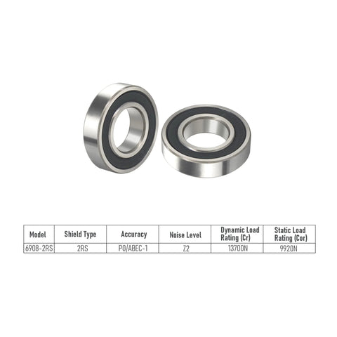 Two 6908-2RS deep groove ball bearings, 40×62×12 mm, chrome steel with black rubber shields.