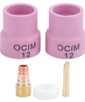 Pro Grade Ceramic TIG Cup Kit with alumina cups OCIM 12, includes chuck, air lens, spacer, and 2 ceramic welding cups