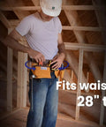 11 Pocket Suede Leather Heavy Duty Tool Belt Built Tough For Pros With Hammer Loops Measuring Tape Clip 4 Large Pouches Steel Buckle Adjustable 28 To 43 Inches Ideal For Carpenters And DIYers worn by a man in a construction site.