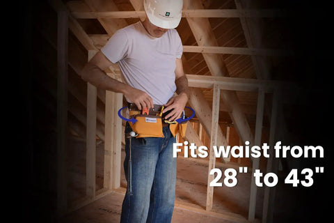 11 Pocket Suede Leather Heavy Duty Tool Belt Built Tough For Pros With Hammer Loops Measuring Tape Clip 4 Large Pouches Steel Buckle Adjustable 28 To 43 Inches Ideal For Carpenters And DIYers worn by a man in a construction site.