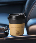 12 oz black coffee cup with lid and straw in car holder, part of 100 Pack 12 Oz Thickened Coffee Cups With Lids Sleeves And Straws For To Go Coffee