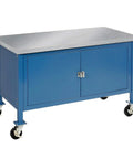 Tough As Nails Rolling Mobile Workbench With Secure Storage Cabinet And Rust Resistant Stainless Steel Square Edges In Classic Blue Built For Garage Hustle And Daily Shop Grind Measuring 72 Inches Wide By 30 Inches Deep with a gray top and wheels.