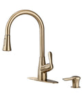 Brushed Gold Kitchen Faucet with Pull Down Sprayer and Soap Dispenser, deck plate included, lead free ceramic cartridge