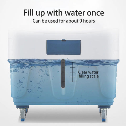 Stay Chill All Day Long With This Portable Evaporative Air Cooler Boasting a clear water filling scale and blue housing.