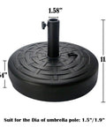 30Lb Water Filled Central Pole Umbrella Base With Wide Rattan Design And Steel Holder Built In For Backyard Stability Weatherproof Stand For Patios Gardens And Outdoor Living, round base with measurements indicated.
