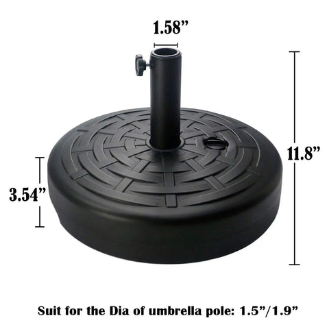 30Lb Water Filled Central Pole Umbrella Base With Wide Rattan Design And Steel Holder Built In For Backyard Stability Weatherproof Stand For Patios Gardens And Outdoor Living, round base with measurements indicated.