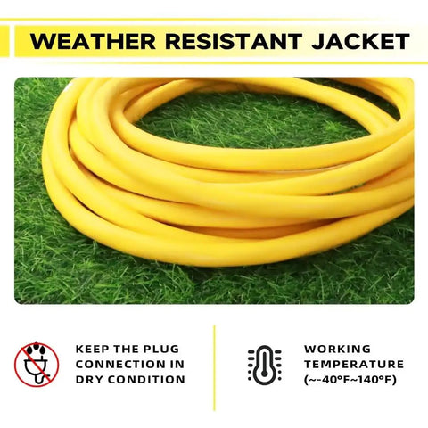 50 Ft Lighted Outdoor Extension Cord With 10/3 SJTW Heavy Duty Yellow Cable, 3 Prong Grounded Plug, UL Listed, LED Indicator End shown coiled on grass with weather resistant jacket emphasized.