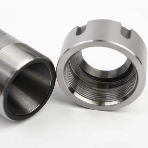Close-up of R8 ER32 Collet Chuck Holder For Precision CNC Machining, heavy-duty 42CrMo alloy steel, threaded interior detail