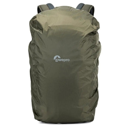 Flipside Trek BP 450 AW Camera Backpack With All Weather Cover, front view showing grey and dark green waterproof exterior