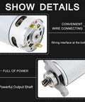 Close-up of Beefy 8 Teeth RS550 DC Reciprocating Saw Motor with Helical Gear showing wiring interface and output shaft.