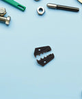 Top Shelf FomiYES High Carbon Steel Crimper Die Set For Open Barrel Terminals on a blue background with tools.