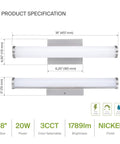 18 Inch LED Linear Vanity Light Fixture specifications showing dimensions and features in nickel finish for bathrooms.