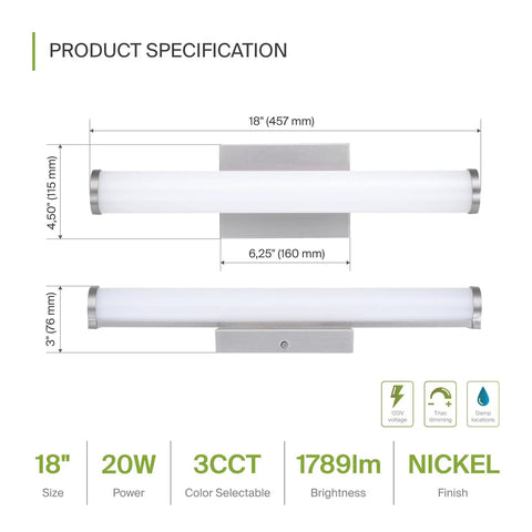18 Inch LED Linear Vanity Light Fixture specifications showing dimensions and features in nickel finish for bathrooms.