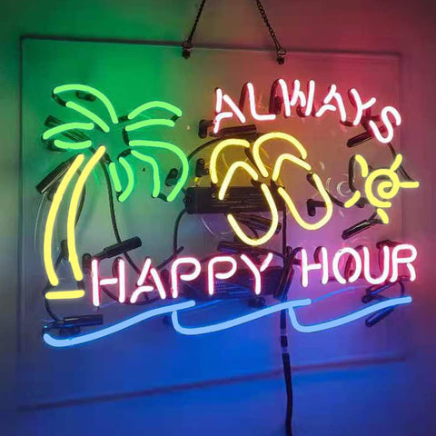 Colorful Happy Hour Neon Sign Handmade Real Glass Neon Tube Light For Home Bar Man Cave Pub Store Restaurant Wall Decor Artwork