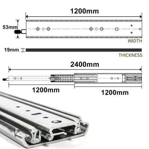 Built Tough Full Extension Ball Bearing Drawer Slides With Dead Bolt Lock And Silky Smooth Glide silver cabinet runners dimensions and design.