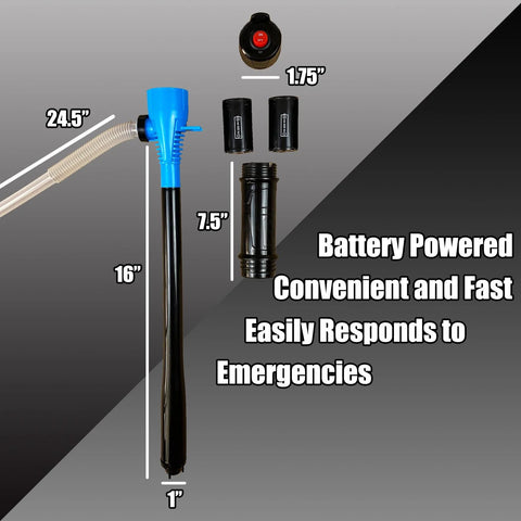 Portable Battery Powered Liquid Transfer Pump 2.2 GPM with batteries and hose, showing dimensions for size reference.