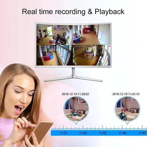 4 Channel DVR Wired CCTV Security System With 4 1080P Metal Waterproof Cameras, real-time monitoring display and phone app access