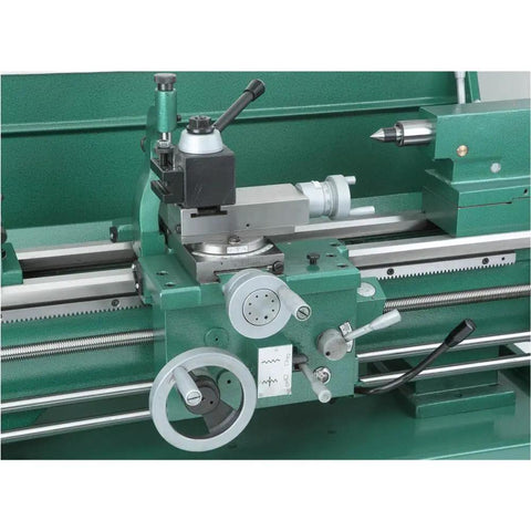 Close-up of controls and spindle on 12 Inch By 36 Inch Gear Head Wood Lathe With Cam Lock Spindle And Gap Bed.