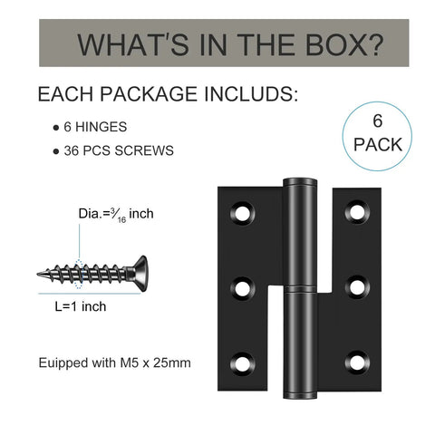 Black Lift Off Door Hinges 3 Inch Set Of 6 For Exterior And Interior Doors Removable Detachable Design Built To Last Rust Resistant 201 Stainless Steel With Matte Black Coating Left Hand Fit Cabinets Gates And Wood Doors, 6 pack with screws