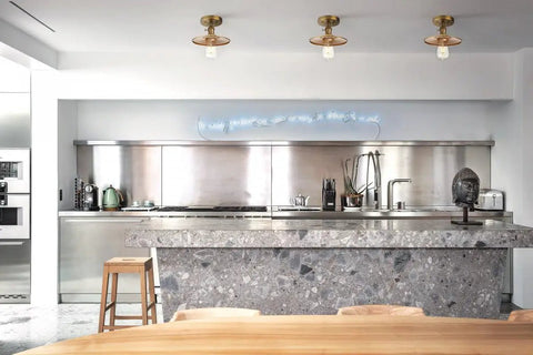 Modern kitchen with three Vintage E26 Ceiling Light Fixture With Flat Metal Shade Hanging Pendant Semi Flush Mount Industrial Edison Style