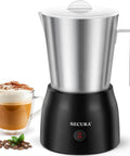 17 Ounce Electric Milk Frother And Steamer With Stainless Steel Jug 4 In 1 Hot And Cold Foam Maker next to a cappuccino