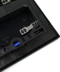 Back side of Jet Black Gloss Dual Flush Actuator Plate showing wall mount fixtures and dual button mechanism.