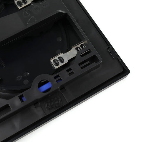 Back side of Jet Black Gloss Dual Flush Actuator Plate showing wall mount fixtures and dual button mechanism.