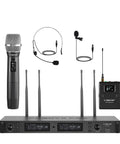 Dual Channel Wireless Microphone System For Stage And Studio, True Diversity UHF Set with handheld, headset, bodypack, and lapel mics