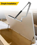 Two Pack Deck Box Hinges Replacement For Outdoor Storage Boxes shown installed with gas strut hydraulic soft close on open lid.