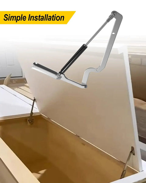 Two Pack Deck Box Hinges Replacement For Outdoor Storage Boxes shown installed with gas strut hydraulic soft close on open lid.