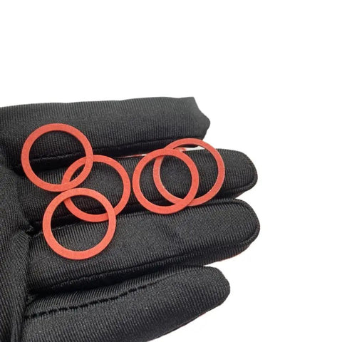 Insulated O Type Flat Washer Kit, 14 Sizes, 150 Pcs, Inner 5mm to 18mm, Outer 10mm to 24mm, Sealing Gaskets, Heavy Duty Hardware Set for Auto, Plumbing, Machinery, and DIY Projects, red washers on gloved hand