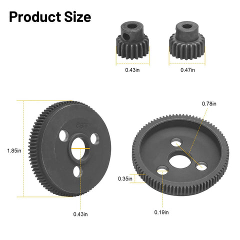 48P 86T spur gear set beefed up with 19T and 21T pinions for 1 by 10 RC cars, Traxxas Slash 2WD, Rustler 2WD, Stampede 2WD.