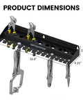 Vise Grip Holder Wall Mount Rack For Pliers And Vises dimensions with slots for tools, black metal construction, 16.8x4.25x2.36 inches