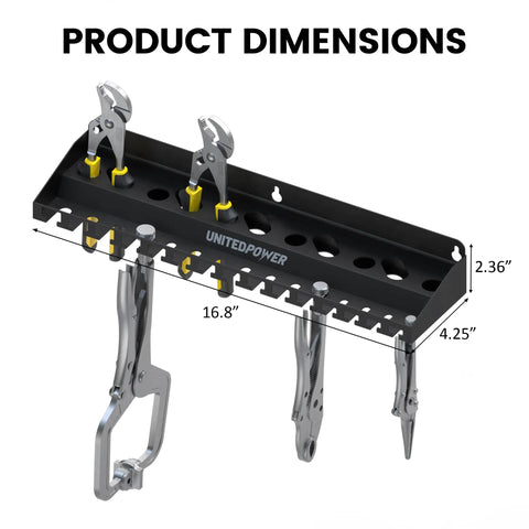 Vise Grip Holder Wall Mount Rack For Pliers And Vises dimensions with slots for tools, black metal construction, 16.8x4.25x2.36 inches