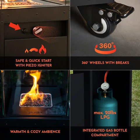 Features of Smokeless 360 Degree Propane Patio Heater, 41,000 BTU, 59 Inch Freestanding Glass Tower On Wheels