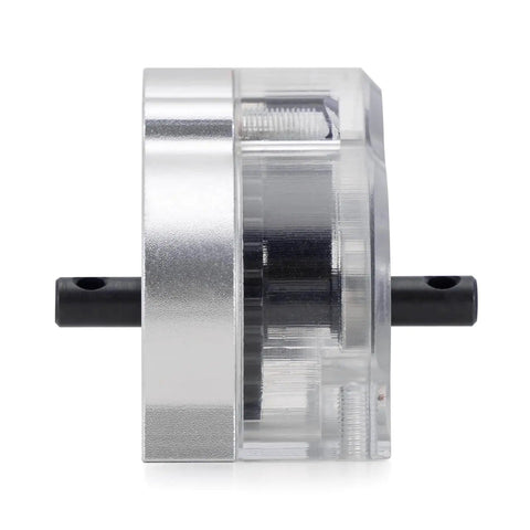 Side view of Low CG 1 By 10 RC Crawler Transmission Gearbox With Clear Cover Upgrade For SCX10 SCX10 II, aluminum and plastic.