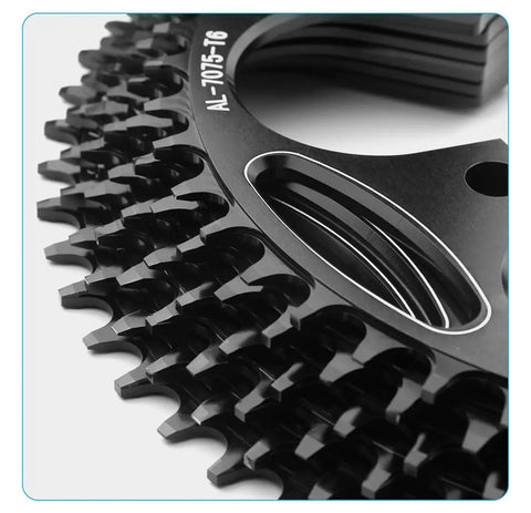 Close-up of Narrow Wide Aluminum Bicycle Chainring with 5 Screws 110 130 BCD 36 to 60T for CNC 7075 Aluminum strong shifts.