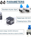 Self Locking Mini Button DPDT Switch Kit With Caps 80Pcs Micro Push Buttons parameters with 6-pin configuration and specs