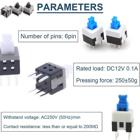 Self Locking Mini Button DPDT Switch Kit With Caps 80Pcs Micro Push Buttons parameters with 6-pin configuration and specs