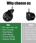 Comparison of office chair wheels showing heavy duty quiet glide roller blade rubber casters vs plastic bracketed noisy wheels.