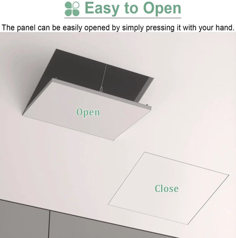 Straight Up Sleek Paintable Attic Access Door For Drywall Ceiling And Plumbing Inspection Panel With Tough Aluminum Frame, open and close labels.